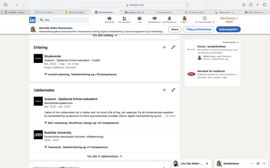Michelle's Linkedin erfaringer og uddannelse