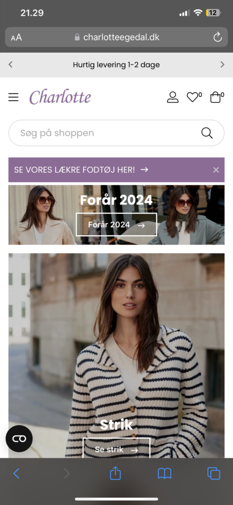 Billede af Butik Charlottes hjemmeside fra en mobil