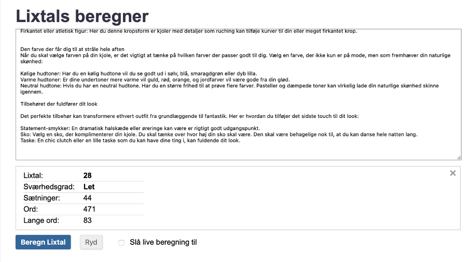 Lixtals resultat til blodindlæg 